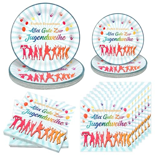 LOHAME 80 Stk Jugendweihe Deko Geschirr Set Alles Gute zur Jugendweihe Servietten Papptellern Tischdeko Endlich Erwachsen Papierserviette Jugendweihe Partygeschirr für Jungen Mädchen Erwachsene Party