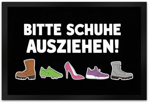 speecheese Bitte Schuhe ausziehen Fußmatte XL in 40x60 cm Fußmatte XL in 40x60 cm Schwarzer Hintergrund Weißer Text Bitte Schuhe Ausziehen Mit Brauner Stiefel-Motiv für stilvolle Eingänge