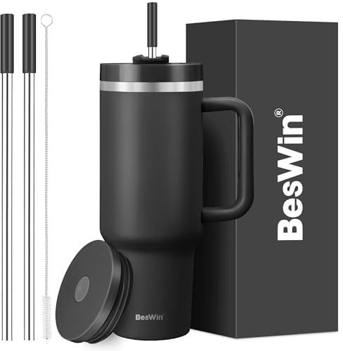 40 oz Tumbler with Handle and Straw, 2 Lids (2 in 1 & Leakproof Lid) - Vacuum Insulated Stainless Steel Double Wall Water Bottle Travel Coffee Mug - Holiday Gifts for Women Men - Black