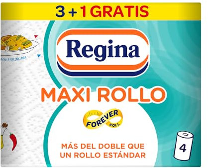 Regina Maxi Rollo Papel de Cocina-Paquete de 4 Rollos, 100 Maxi Hojas Decoradas de 2 Capas, Equivalente a 12 Estándar, Extra Absorbentes, Envase de Papel Reciclable, 100% Certificado FSC