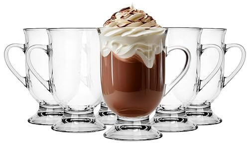 Glasmark KROSNO 1992 Gläser Set Kaffeegläser Mit Henkel Stiel Latte 6 Stück 380 ml Kaffee Tee Latte Glas Teetassen Glasbecher Trinkglas Spülmaschinenfest Elton, Durchsichtig