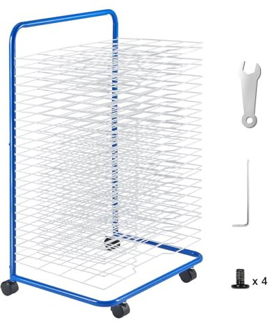VEVOR 25 Removable Shelves 23.75 x 17.5 x 38 inch Lockable Wheels, Carbon Steel Painting Drying Rack for Artwork in Classroom, Art Studios, Schools, Blue+White