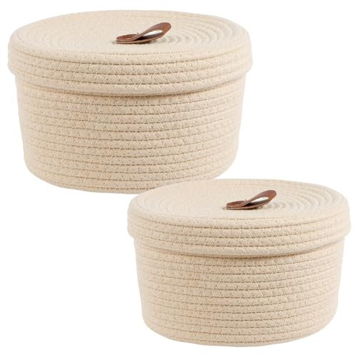 2er Set Aufbewahrungskorb Geflochten Rund Baumwollseil KöRbchen Aufbewahrung Mit Deckel Badezimmer Wickeltisch Organizer FüR Spielzeug Make-Up