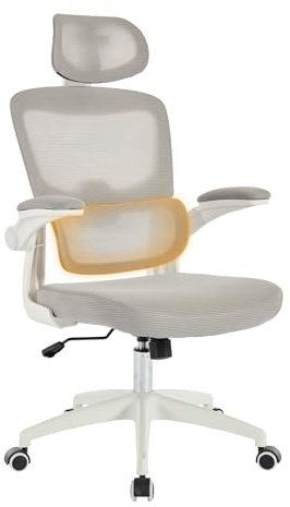 SEEDWAVE Bürostuhl mit Adaptive Lendenstütze und Wippmechanik, Schreibtischstuhl Ergonomisch mit Netzbezug und Klapparmlehnen 65x65x(114-123.5) cm (Weiß)