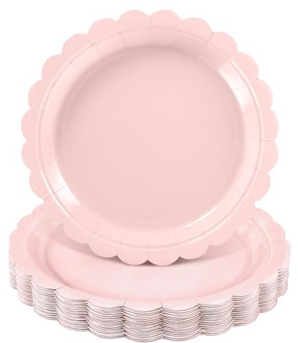NatNarr 30 Pcs Pink Paper Plates 9 Inch Disposable Scalloped Party Paper Plates Light Pink Dessert Plate for Birthday Baby Shower Wedding