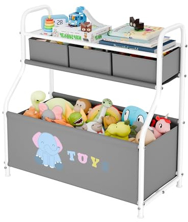 GRANNY SAYS Kids Toy Storage Organiser with Storage Boxes, Large Stuffed Animal Storage Container, Kids Room Furniture for Organising Plush Toys Puzzles, Baby Toy Organiser for Nursery Playroom, Grey