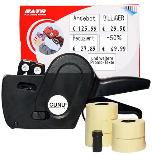 CUNU - Promo-Preisauszeichner 2-zeilig mit Texten und Zahlen - Datum und Preis Handauszeichner zweizeilig - Etikettiermaschine mit 26x16mm Etiketten - Auszeichner Gerät/Maschine direkt vom Fachhandel
