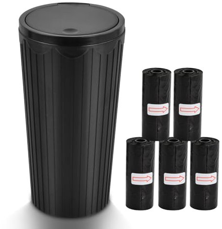 DEARBAG Mini Car Trash Can Organizer with Lid and 5 Rolls of Trash Bags, Small Automatic Portable Trash Can, Leakproof Plastic Vehicle Trash Bin, Easy to Clean, Used in Car, Home, Office (Black)