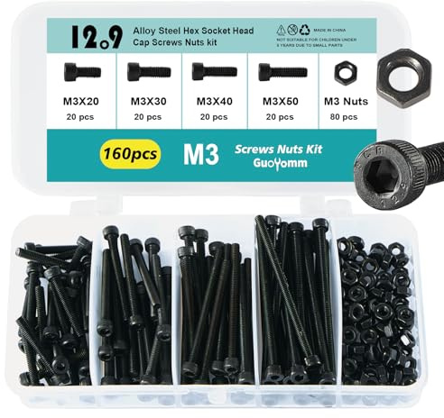GuoYomm Lot de 160 vis M3 à tête cylindrique à six pans creux, noirs, en acier au carbone 12,9 degrés, longueurs : 20 mm, 30 mm, 40 mm, 50 mm