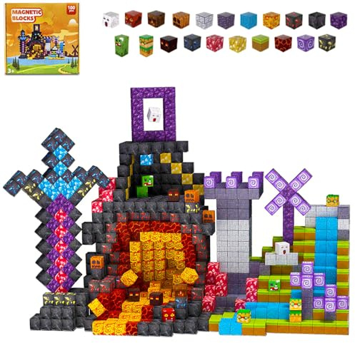 XWUX Magnetische Bausteine 100 Stück, Bauen Deine Magnetische Welt Vulkanische Lava Edition, Förderspielzeug Kinderspiele Geschenk für Jungen und Mädchen, Magnetbausteine für Kinder ab 3 Jahren