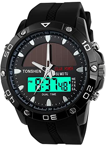 TONSHEN Uomo Orologio Digitale 50M Impermeabile Solare LED Outdoor Sportivo Militare Tattica Analogico Quarzo Moda Nero Acciaio Inossidabile E Morbida Gomma Band Orologi da Polso
