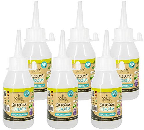 SILICONA LÍQUIDA QUIJOTE PAPER WORLD - Transparente para goma eva, papel, cartón, cuero, tela y madera. Ideal para manualidades. Uso escolar y de oficina - PACK 6-50ml
