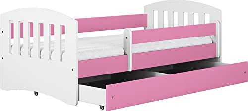 Letto per Bambini con Materasso 140x70 160x80 180x80 con sponda anticaduta con barriera cassettone Estraibile e Telaio a doghe per Bambini e Bambine - Classico - Rosa - 80 x 160 cm