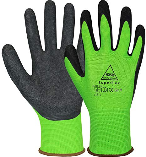 10 Paar Hase Superflex Arbeitshandschuhe mit Latexbeschichtung, Rutschfeste Gartenhandschuhe, Angenehmer, Ideal für Handwerk, Gartenarbeiten, Industrie Grün Gr. L (09)