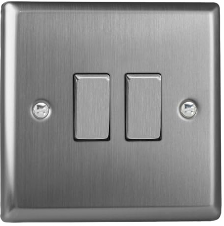 Varilight Double Rocker Light Switch 2-Way - Classic Brushed Steel With Brushed Steel Rockers, XT2D