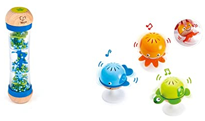 Hape E0328 - Blauer Regenmacher, Musikspielzeug, ab 0 Monaten & Saugknopf Rasselset DREI Wassertiere mit Beißringelementen | Lernspielzeug-Set für Babys