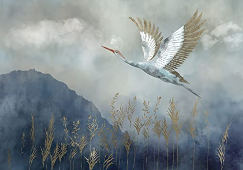 decomonkey Fototapete selbstklebend Landschaft 147x105 cm Selbstklebende Tapeten Wand Fototapeten Tapete Wandtapete klebend Klebefolie Berge Gebirge Aquarelle Marine Hügel Storch Abstrakt Vögel