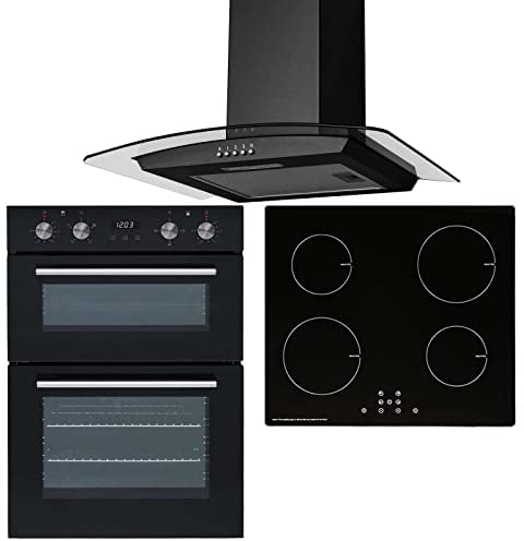 SIA 60cm Black Built-in Double Fan Oven, 4 Zone Touch Control Induction Hob & Curved Extractor Fan