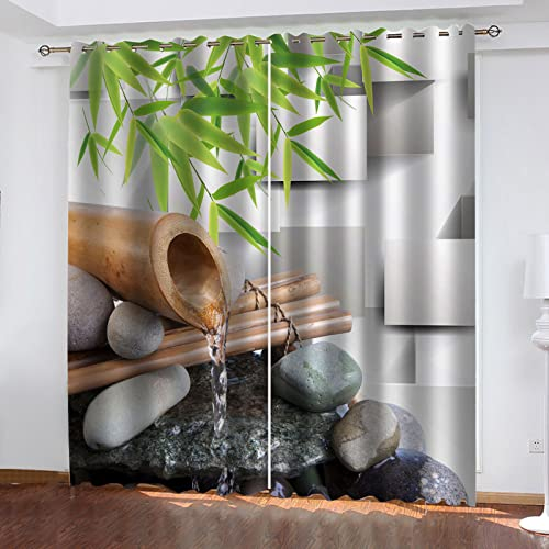 BKTTDS Vorhang Blickdicht Mit Ösen 2 Paneele 160X200cm(HxB) Zen Bamboo Leaf Flowing Water Gardinen 3D Gedruckt Verdunkelungsvorhang Wärmeisolierte Fenstervorhänge Für Kinderzimmer Wohnzimme