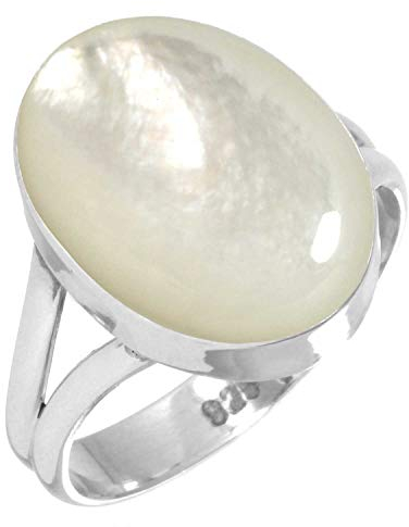 Jeweloporium 925 Silber Ringe für Damen Größe 70(22.3) Weiß Real Perlmutt Edelstein Solitär Silber Ringe Hochzeit Geschenk Kostüm Schmuck