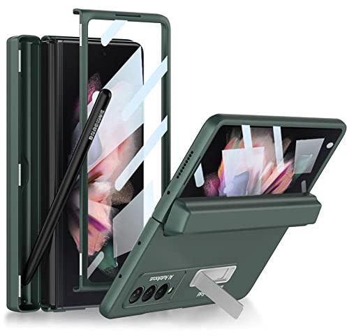 KumWum Handyhülle Kompatibel mit Samsung Galaxy Z Fold 3 5G Hülle mit Stifthalter Klappbar Schutzhülle mit Scharnierschutz Ultra Dünn Case mit Stander und Displayschutz - Grün