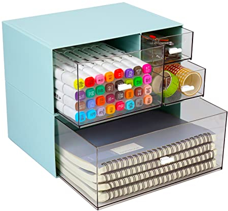 OSteed Desktop Organiser with 4 Drawers, Stackable Plastic Storage Box on Desk for Home Collection, Cosmetics, Office Supplies (2 Deep Layers, Blue)