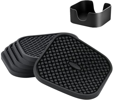 Set aus 6 Silikon-Untersetzern mit Halter - Tief gerillt, saugfähig, großes 4-Zoll-Becher-Untersetzer - Perfekt für heiße und kalte Getränke (Quadratisch - Schwarz)