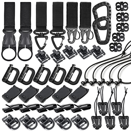 48PCS Tactical Gear Clip Set Molle Webbing Attachments for Backpack Bag Vest Belt with Nylon Strap Hook, D Ring Grimlocks Locking, Web Dominators, Elastic Strings and Molle Accessories (Black)