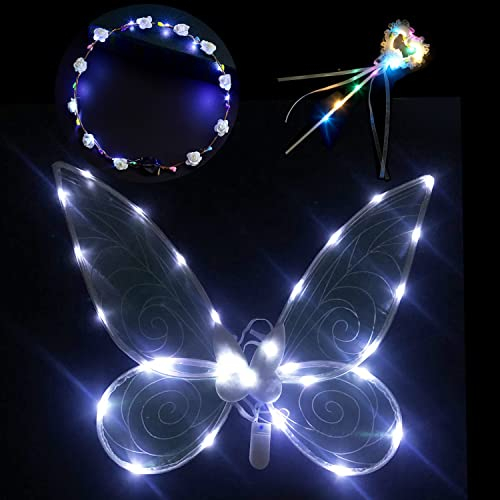 Feenflügel Erwachsene Feenflügel,Feenflügel Leuchtende,Feenflügel Damen,mit Fee Stirnband und Fee Zauberstab,Funkelnde Engelsflügel,Schmetterlingsflügel,für Karneval,Fasching,Mottoparty