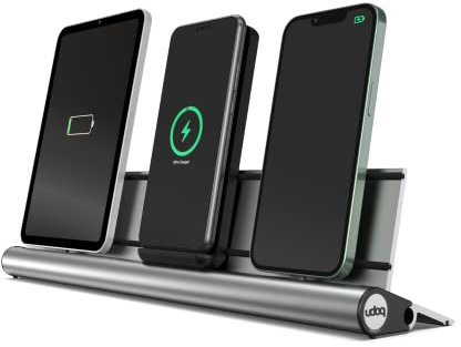 Universal Ladestation für Smartphones Tablets und AirPods, udoq 400, Aluminium, mit Power Delivery Fast Charging und Wireless Adapter (Silber)