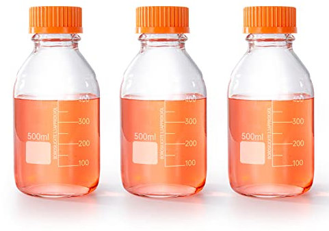 BKMAMLAB 500ml Round Media Storage Bottles with GL45 Screw Cap Borosilicate Glass Maximum temperature 249.8°F Pack of 3