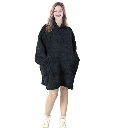 EHC Unisex Oversized Wearable Soft Warm Teddy Fleece Hoodie Sweatshirt Cuddly Blanket, Gift For Her, Gift For Him 80 x 90 cm, Black