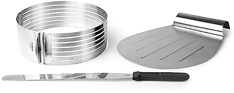 Lacor - 68527 - Set 3 Utensilios, Set Cortatartas, Repostería, Aro ajustable para Tartas, Cuchillo, Pala, Acero inoxidable, Ø 24-30 cm