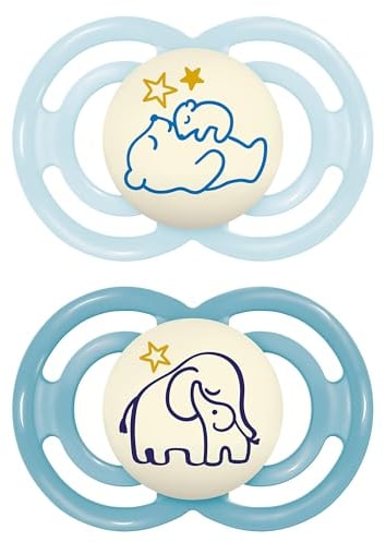 MAM Perfect Night Schnuller im 2er-Set, leuchtend im Dunkeln, zahnfreundlicher Baby Schnuller aus nachhaltigen & bio-erneuerbaren Materialien, mit Schnullerbox, 6-16 Monate, Bär/Elefant