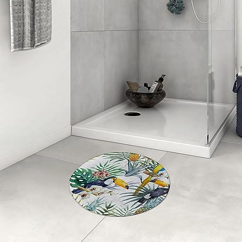 DHAEY Badezimmerteppich rutschfest Palmblatt tropischer Ananas-Vogel Sommer-Dschungel-Blätter.Grün-Blau Waschbar Teppich rund Weich Flauschig Badteppich Weich Kurzflor Mikrofaser Badvorleger 60 cm