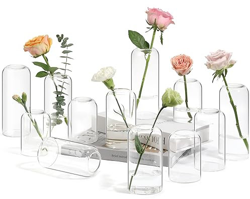 ComSaf Small Flower Vase Set, Clear Glass Bud Vases in Bulk, Set of 12, Bathroom & Decor Centerpiece for House Warming, Special Occasions