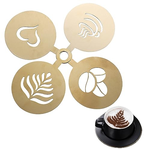 WUDQIJI Kaffeeschablonen aus Edelstahl 4 Stück Cappuccino Schablonen Kaffee Zubehör Kaffee-Dekorationsschablone Kaffee Dekorieren Schablonen Kuchenschablone für Latte-Kunst (Gold)