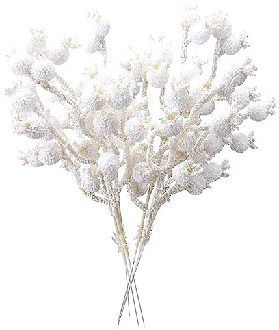 belupai 6 Stück Künstliche Beerenstiele, 23,9 cm, Weiße Weihnachts-Stechpalmenbeeren, Künstliche Beeren, Obstzweige für Weihnachtsbaum, Blumenarrangement, Winterurlaub, Basteldekoration(Weiß)