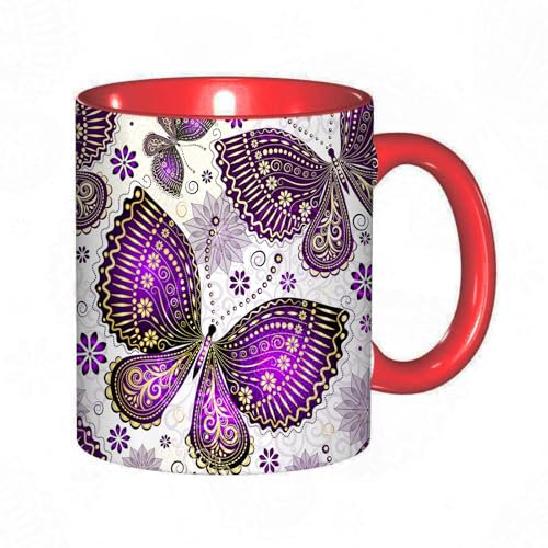 Tassendruck Nahtloses, frühlingshaftes, transparentes Muster mit violett-goldenen Schmetterlingen und Blumen (Vektor EPS 10) Kaffeetasse/Mug/Cup