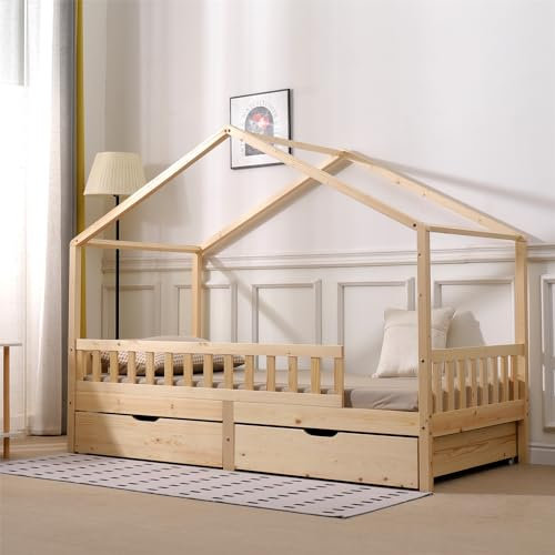 FurnitureHMD 3FT Solid Wood Kids Bed Single Bed Frame with 2 Storage Drawers Tree House bed Natural