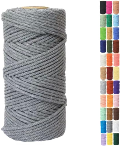 Binwat 5mm x100m Macrame Cord Thick Natural Cotton Cord DIY Crafts Yarn Thread Twisted Spool Twine String Cotton Rope for Wall Hanging,Plant Hangers,Knitting,Decorative Projects(Grey)