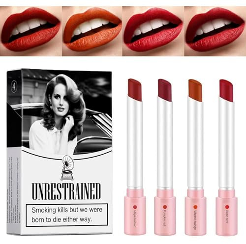 TITIMORE 4 Farben Zigaretten Mattes Lippenstift Lana Del Rey Lipstick Langanhaltendes Lipgloss Tube Lippenstift Set Rauchetui Design Feuchtigkeitscrem Antihaft Tasse Nicht Verblassen Lipstick Makeup