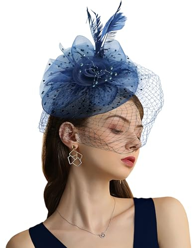 Focupaja Fascinator Hüte Damen Pillbox Hut mit Mesh Schleier Federn Derby Stirnband Hochzeit Kopfbedeckung Tea Party Haarspange 1950er Vintage Fascinator W4-48-Marineblau