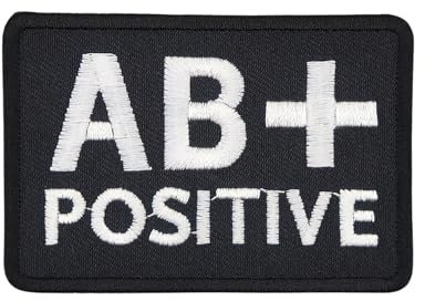 Blutgruppe AB + Positive Aufnäher zum aufbügeln oder aufnähen Bügelbild Aufbügler für Kleidung gestickter Bügelpatch Applikation Biker Patch Größe 7,4 x 5,1 cm