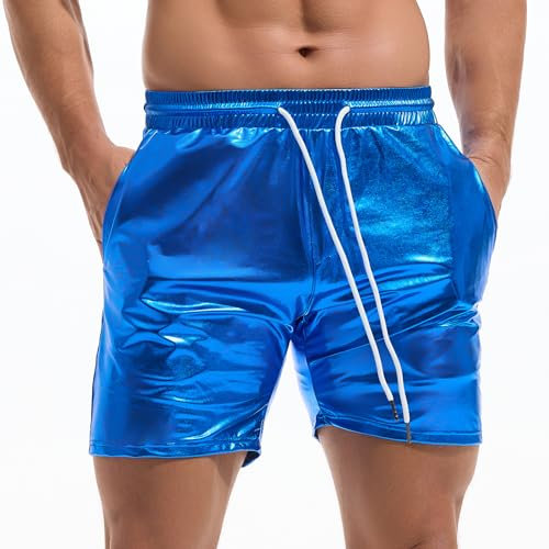 Amy Coulee Metall Shorts Herren Glänzend Nachtclub Disco Party Glänzend Kurze Hose (Blau, L)