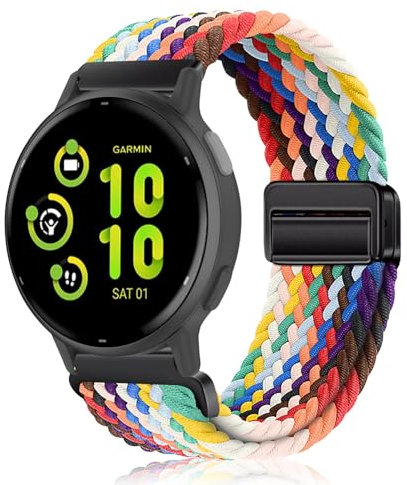 PaceBid 20mm Nylon Cinturino per Garmin Forerunner 165/165 Music/245/645/570 42mm/Vivoactive 5/6/Venu Sq 2/Venu 2 Plus, Magnetica Intrecciato Cinturini per Garmin Approach S50/S44/S42 - Arcobaleno