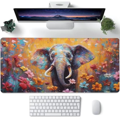 XXL Mouse Pad,Elephant in Flower Blossom Large Gaming Mouse Pad,Cute Elephant Floral Desk Mat,Extended Big Computer Keyboard Desk Pad with Non-Slip Base and Stitched Edge 35.4x15.7