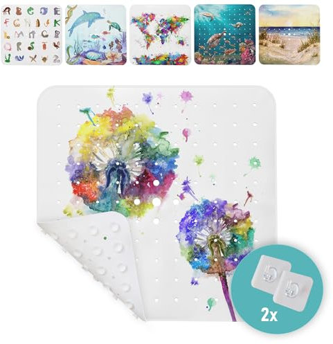 arteneur® - Duschmatte rutschfest 53x53 cm | Antirutschmatte Dusche | Inkl. Aufhängung | Schimmelresistent | Maschinenwaschbar | BPA frei | Rutschmatte Dusche Bunte Pusteblume