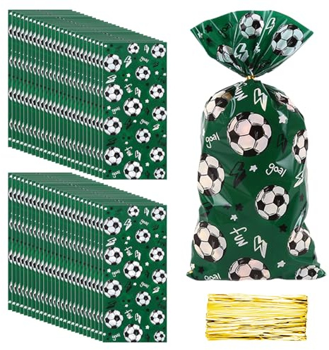 50 Fußball-Geschenktüten mit 50 goldenen Drahtbändern, flache Taschen, Geschenktüten, Fußball-Thementüten, Geschenkverpackungstüten, Partygeschenktüten