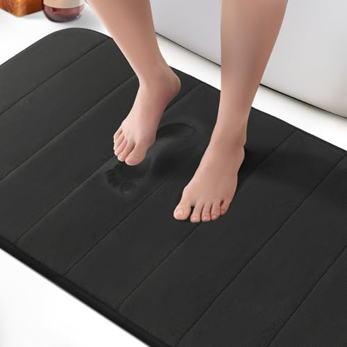 KEPLIN Memory Foam Bath Mat (Black - 60 x 90cm), Ultra-Soft, Absorbent & Non-Slip Bathroom Mat, Machine Washable, Large Black Bathroom rug for Bath & Toilet Floors
